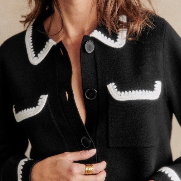 Sezane Betty Cardigan Black with White Trim - Picture 2 of 7